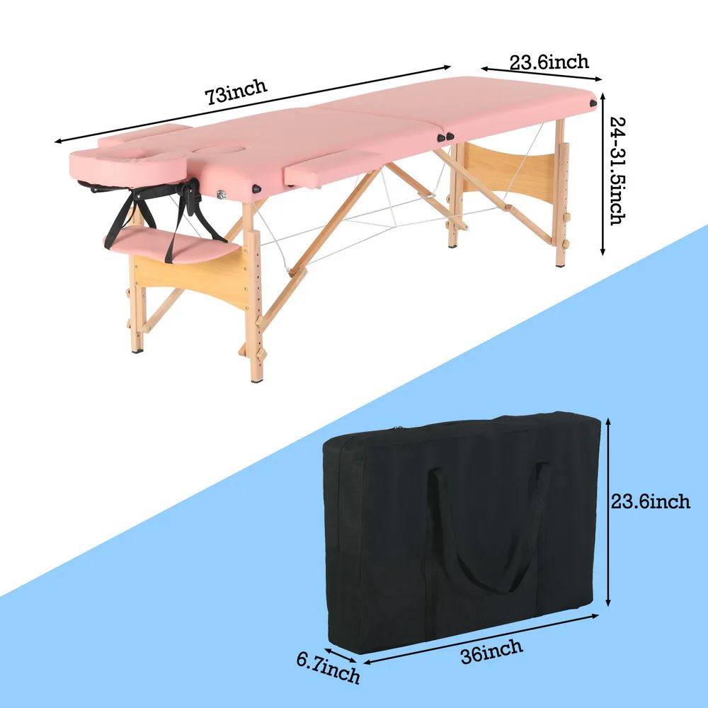 יופי עיסוי שולחן למיטה 2 חלקים מתקפלים אשור הרגל 186x60x60CM גובה מתכוונן תכליתי נייד ורוד/לבן[US-מניות] . ' - ' . 1