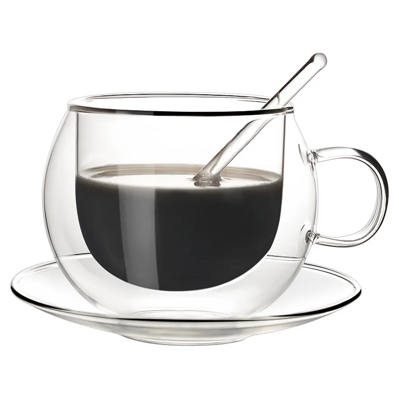 מודרני מינימליסטי כפול שכבת זכוכית ספל קפה יצירתי המשרד גביע הביתה שכבה כפולה ספל קפה עם סט צלחת כף . ' - ' . 1