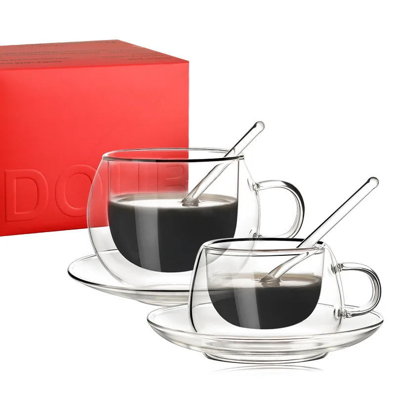 מודרני מינימליסטי כפול שכבת זכוכית ספל קפה יצירתי המשרד גביע הביתה שכבה כפולה ספל קפה עם סט צלחת כף . ' - ' . 2