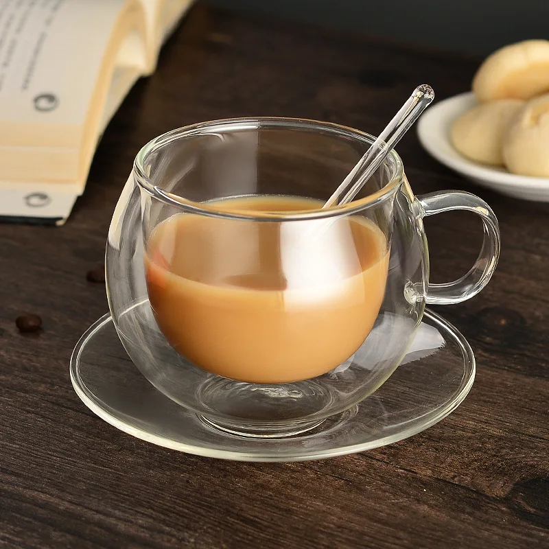 מודרני מינימליסטי כפול שכבת זכוכית ספל קפה יצירתי המשרד גביע הביתה שכבה כפולה ספל קפה עם סט צלחת כף . ' - ' . 3