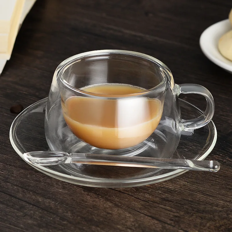 מודרני מינימליסטי כפול שכבת זכוכית ספל קפה יצירתי המשרד גביע הביתה שכבה כפולה ספל קפה עם סט צלחת כף . ' - ' . 4