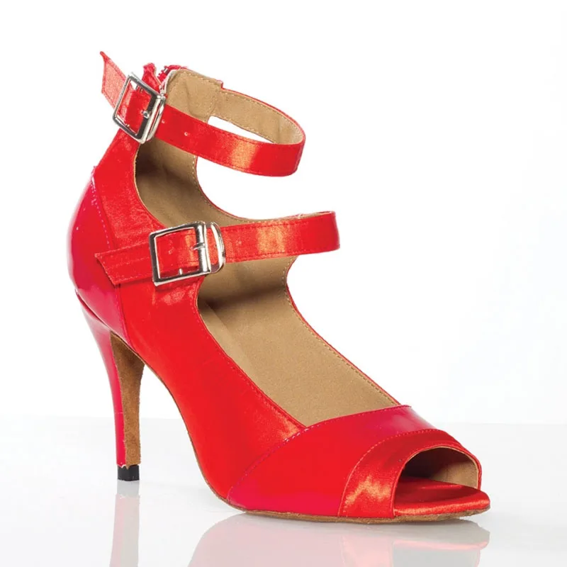 DILEECHI נשים אדום שחור עור סאטן הלטינית נעלי ריקוד סלוניים נעליים רכות outsole 