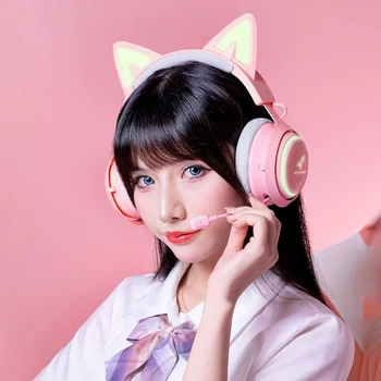 ורוד חתול האוזן אוזניות עם RGB אור LED גמיש מיקרופון Gaming Headset RGB קסדות סטריאו מוסיקה אוזניות עבור PC Gamer בנות מתנה