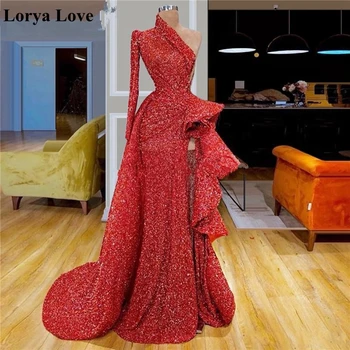 אדום נצנצים סקסי שמלות ערב 2022 נשים צד החלוק דה נשף אלגנטית אחת כתף שרוולים ארוכים Vestidos מבריק לנשף סיום שמלת מקסי