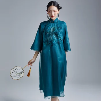 מקורי באיכות גבוהה משי Cheongsam שמלת נשים השתפר מזג אמצע אורך צ ' יפאו שמלות האביב אלגנטי תה בגדים