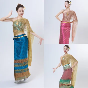 2023 הקיץ תאילנד מסורתי הפסטיבל בגדים הלאומי בסגנון תאילנדי צילום נשים 3pcs נסיעות חליפות ריקוד ללבוש שמלה להגדיר