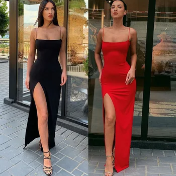 קיץ נשים בציר זמן קלע שמלה סקסית יוקרה מזדמן אלגנטי לפצל את החולצה שמלת ערב אופנה סלים חצאית צד שחור אדום