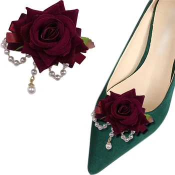 2 יח 'קלאסי מעוצב הנעל קליפים הורד האדום פנינה הנעל פרח עקב נמוך מרי ג' יין נעליים קישוט החתונה חג המולד