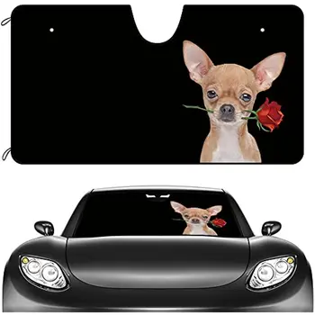 CafeTime כלב מכונית השמשה הקדמית שמשיה טאן צ ' יוואווה עם ורד שחור רכב השמש צל מגן השמש קרני UV רפלקטור שמש ומגן,