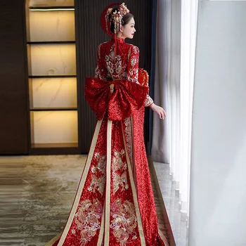 אלגנטי סיני פאייטים נוצץ חרוזים ציציות רקמה שמלת החתונה עוקב Cheongsam הכלה תחפושת וינטג ' טוסט שמלה.