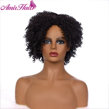 אמיר קצר קינקי מסולסל פאות שיער סינטטי אפרו פלאפי חום פאות עבור נשים שחור טבעי, חום עמיד אפריקה פאות