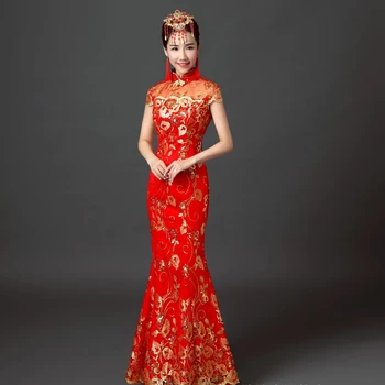 אדום מסיבת חתונה Cheongsam מזרחי שמלת ערב סינית מסורתית נשים אלגנטי צ ' יפאו סקסי תחרה ארוכה החלוק רטרו Vestido