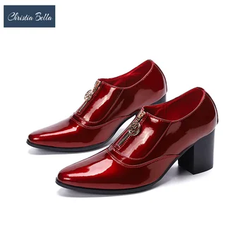 Christia בלה יוקרה אדום פטנט עור לגברים נעלי שמלה למסיבה חגיגה גבר גבוה העקב נעלי מועדון לילה רקדנית מגפיים קצרים