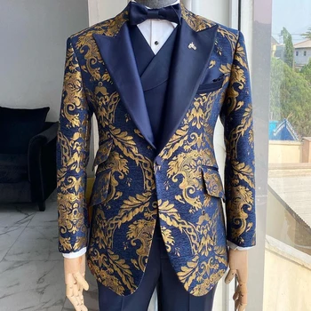 SZMANLIZI האחרונות עיצוב עישון כחול, זהב פרחוני בלייזר חליפות גברים 3 חתיכה החתן חליפות חתונה מותאם אישית Terno Masculino
