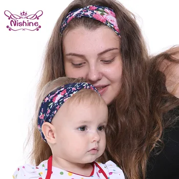 Nishine אמא ותינוק אופנה צלב הקשר הדפסה בגימור צבעוני פרח תבנית סריגה כותנה אלסטי Hairband המפלגה קישוט