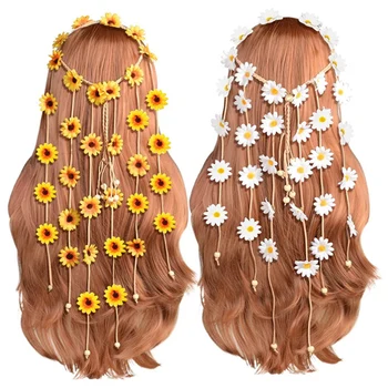 2Pcs הפרחים היפים סרט פרחוני הכתר הקיץ חמניות אביזרי שיער על 70 ס בוהמי תלבושות בסגנון
