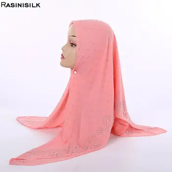 הקיץ בכיכר צעיף טורקי מוסלמי חיג ' אב פנינה שיפון האסלאמית כיסוי הראש לנשים רגיל צעיף צבעוני עם ריינסטון 105x105cm