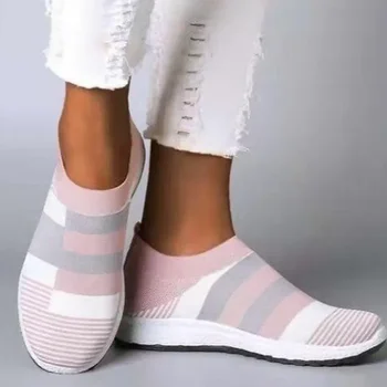 רשת נעלי ספורט נשים סרוגים שטוח בנות להחליק על נקבה גודל 42 הנעלה Feminino פאטוס נשים מקרית נעליים גופר