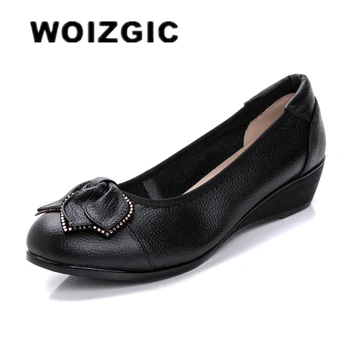 WOIZGIC נשים, אמא בת נעליים שטוחות, נעלי פרה עור אמיתי עור חזיר גומי זמש להחליק על Bowknot מזדמן 34-43 HC-1107
