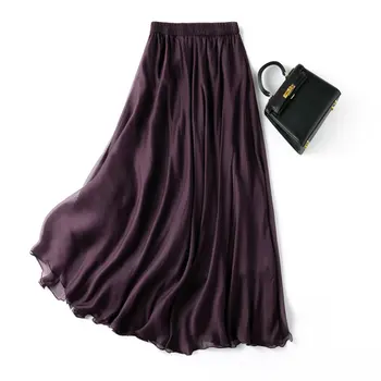 נשים חצאית משי 100% התות משי מוצק סגול ארוך סוג חצאית עם בטנה כפולה קיץ החוף הגדול שולי 8286