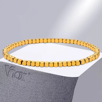 Vnox שיק צבע זהב נירוסטה מרובע עגול חרוזים שרשרת צמידים מתנות לנשים בנות עם גומי