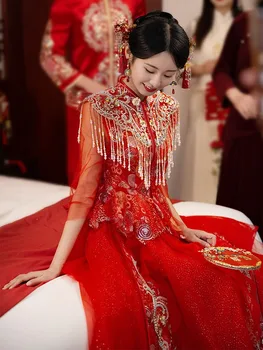 הכלה החתן נישואין להגדיר בסגנון סיני פייטים חרוזים ציציות שמלת טוסט בגדים