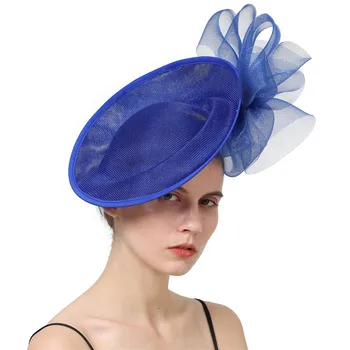 יוקרה כחול רויאל Fascinator קוקטייל כובעים עם רשת פרחים אירוע Millinery אביזרי שיער דרבי החתונה הכובע כובעי הכובעים