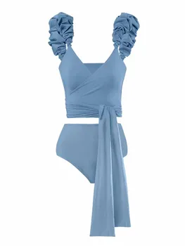 אופנה מוצק צבע המותניים לקשור שני חלקים בגדי ים V-צוואר ביקיני נשים בגד ים גבוה המותניים בגדי ים סקסי ללא משענת Beachwear