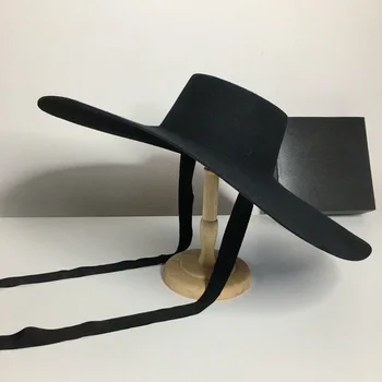 202306-לא-שחור אופנתי דגם להראות צמר שחור הרגיש 18cm גדול, שוליים רחבים, אופנה ליידי fedoras קאפ נשים פנמה ג ' אז כובע