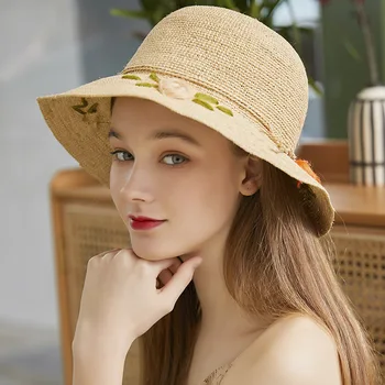 נשים רפיה הגנה מהשמש כובע בחורה פשוטה קרם הגנה אנטי-UV אגן שווי למסע קניות נסיעות סרוגה שמשיה מגן כובעים H6564
