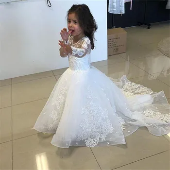 אופנה לבנה פרח ילדה שמלות תחרה אפליקציה שרוול ארוך עבור החתונה O-צוואר שמלות ילדה לחם הקודש תחרות שמלת