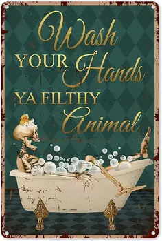 פח אמנות קיר גולגולת ליל כל הקדושים לשטוף את הידיים שלך השלד חיה מתכת פח סימן עיצוב המוסך גן בית קפה מטבח 12x8 ב