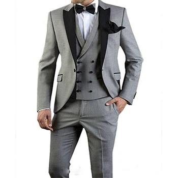 עיצוב חדש החתן חליפות כפתור אחד אפור שיא דש השושבינים הטוב ביותר חליפה Mens חליפות (ז ' קט+מכנסיים+אפוד+עניבה) תחפושת Homme