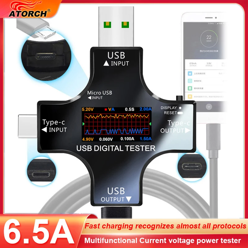 6.5 USB Tester DC סוג-C משטרת דיגיטלי מודד Amper מתח הנוכחי צג מד הזרם גלאי בנק כוח מטען קיבולת מטר . ' - ' . 0
