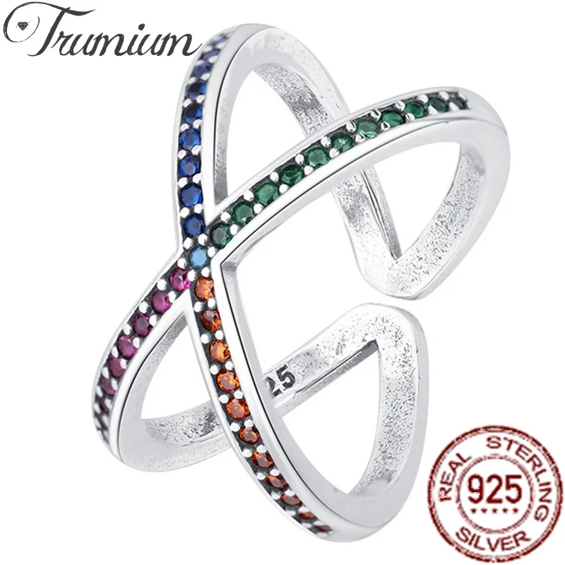 Trumium 100% S925 סטרלינג סילבר קרוס טבעת פתוחה לנשים צבעוני זרקונים יוקרה אישיות אירוסין טבעות נישואין . ' - ' . 0