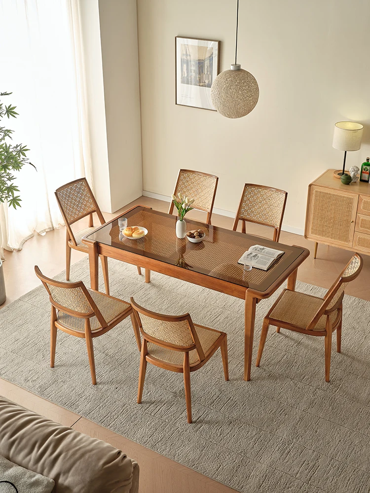 נורדי יצירתי אוכל עץ מלא, שולחן, כיסא שילוב הביתה סלון מלבני שולחן האוכל ארוגים שולחן אוכל מזכוכית . ' - ' . 0