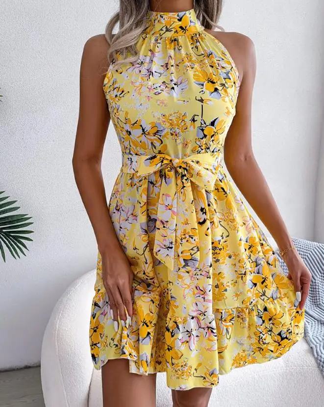 נשים שמלות 2023 הקיץ Ditsy בוהו פרחוני הדפסה לקשור פרט שולי קפלים מזדמנים ללא שרוולים צוואר מזוייף מיני קו-שמלה . ' - ' . 0