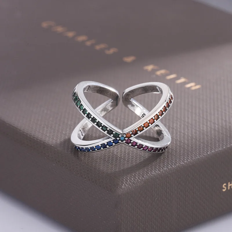 Trumium 100% S925 סטרלינג סילבר קרוס טבעת פתוחה לנשים צבעוני זרקונים יוקרה אישיות אירוסין טבעות נישואין . ' - ' . 1