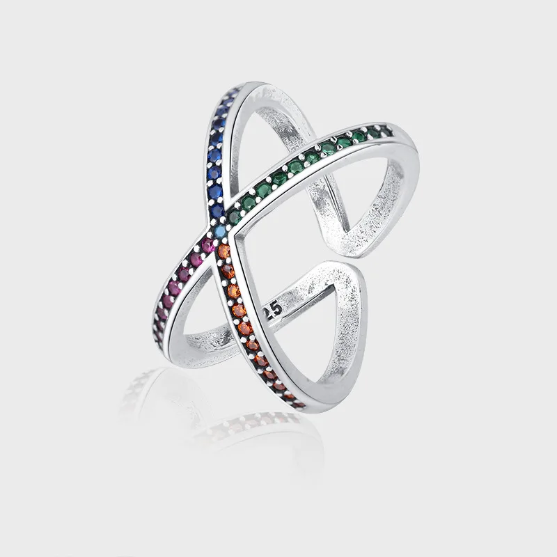 Trumium 100% S925 סטרלינג סילבר קרוס טבעת פתוחה לנשים צבעוני זרקונים יוקרה אישיות אירוסין טבעות נישואין . ' - ' . 2