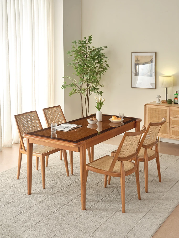 נורדי יצירתי אוכל עץ מלא, שולחן, כיסא שילוב הביתה סלון מלבני שולחן האוכל ארוגים שולחן אוכל מזכוכית . ' - ' . 2