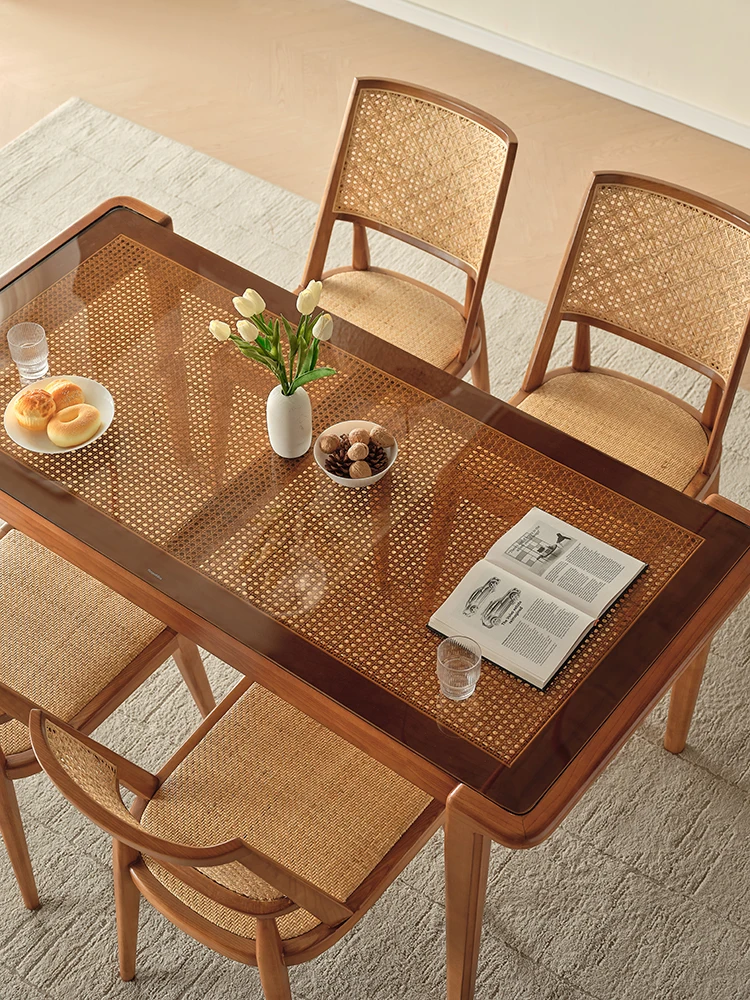 נורדי יצירתי אוכל עץ מלא, שולחן, כיסא שילוב הביתה סלון מלבני שולחן האוכל ארוגים שולחן אוכל מזכוכית . ' - ' . 3
