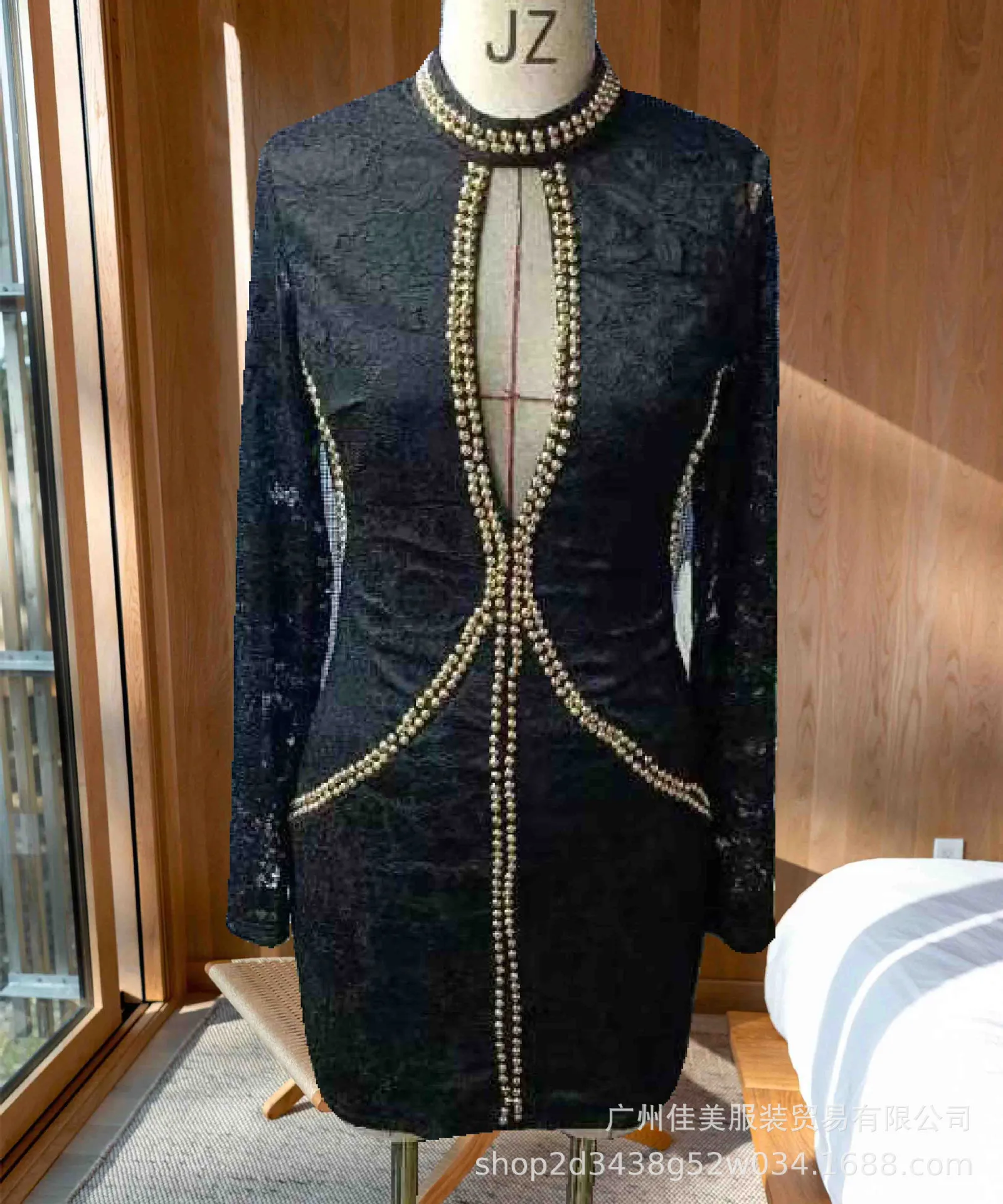 נשים שמלת חרוזים חם קידוח רשת תחרה, תפירה מסיבת קוקטייל גבוהה המותניים אופנה חצי צווארון שרוול ארוך שמלה שחורה . ' - ' . 3