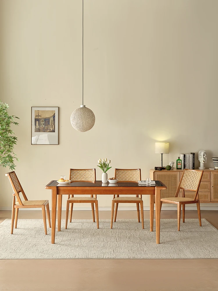 נורדי יצירתי אוכל עץ מלא, שולחן, כיסא שילוב הביתה סלון מלבני שולחן האוכל ארוגים שולחן אוכל מזכוכית . ' - ' . 4