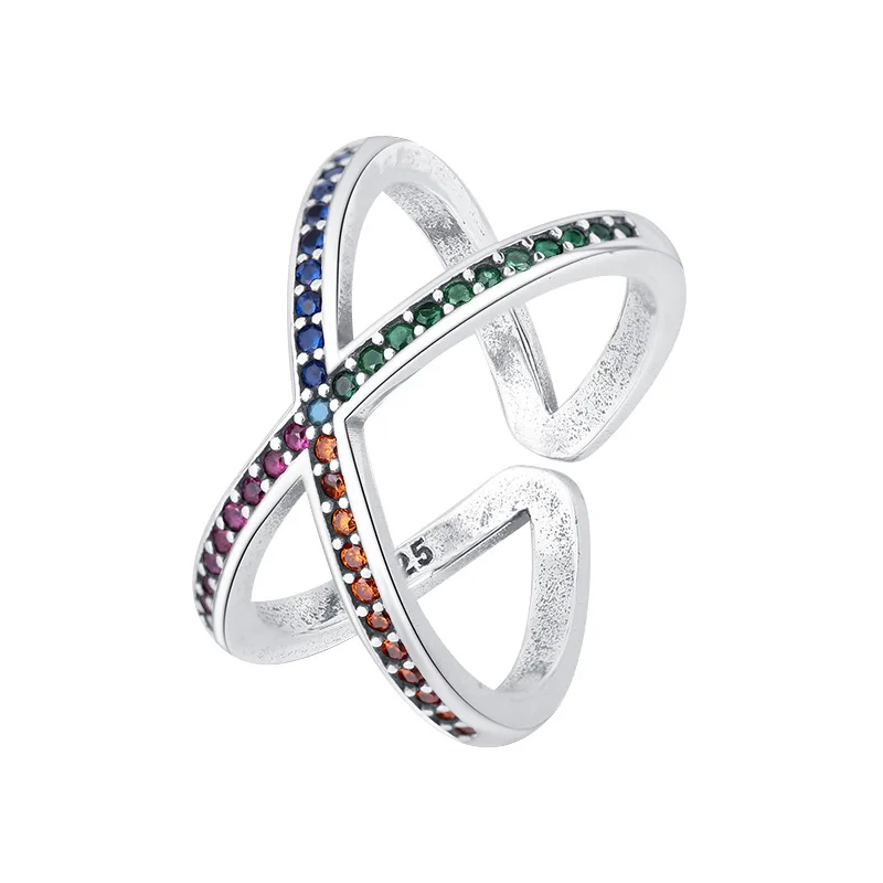 Trumium 100% S925 סטרלינג סילבר קרוס טבעת פתוחה לנשים צבעוני זרקונים יוקרה אישיות אירוסין טבעות נישואין . ' - ' . 5