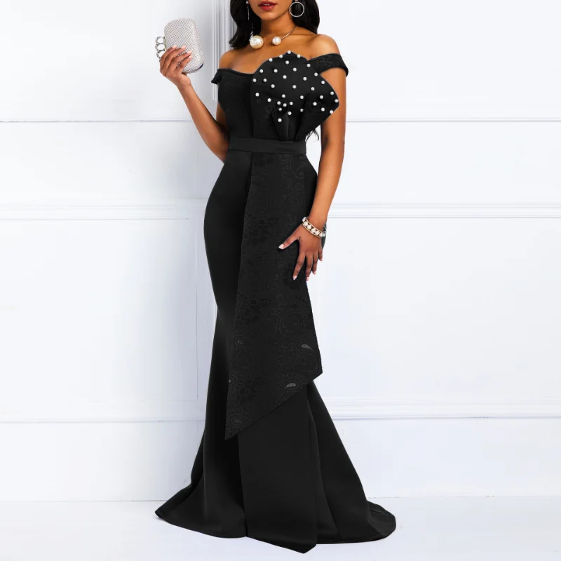 נשים נטוי הצוואר שרוול קצר פרל השמלה 2023 חורף חדש סקסי ליידי משרד אפריקה ערב במועדון הלילה מסיבה זמן שמלות מקסי . ' - ' . 5