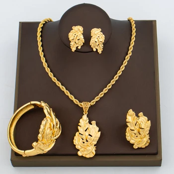 אפריקה צבע זהב סט תכשיטי נשים רומנטי רוז עיצוב שרשרת ועגילים עם צמיד טבעת בוהמיה תכשיטים