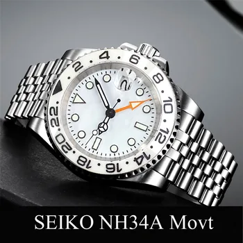 NH34A GMT שעון מכני 200m לגברים עמיד למים צוללנים גריניץ פלדה לבן שעון יד 904L יובל צמיד שעון 120Click