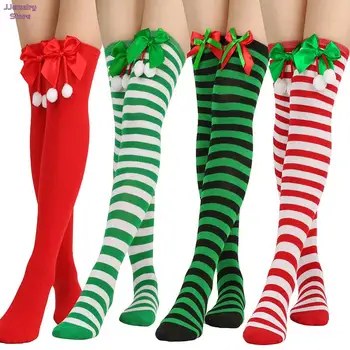 1Pair קישוטי חג המולד, גרביים עם פסים ארוך גרבי חג המולד קישוטים גבוהה גרביים לבנות עם פסים גרביים עד הברך Navidad