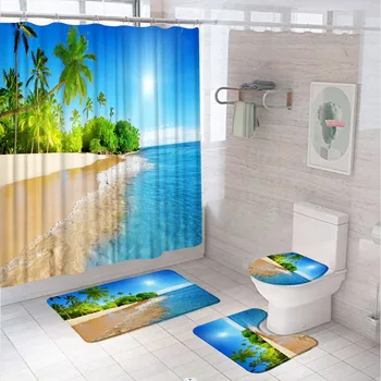 החוף סאני ביץ, נוף וילון מקלחת ערכות החלקה לשטיח כיסוי האסלה אמבטיה מחצלות אוקיינוס כחול דקל אמבטיה עיצוב וילונות