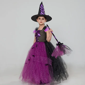 קסם מכשפה ליל כל הקדושים תחפושות לנערות המחבט שמלת טוטו השמלה עם מטאטא כובע ילדים קרנבל Cosplay צד שמלות מהודרות 2-10 שנים